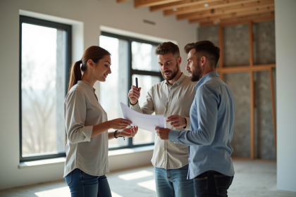 Jeune couple discutant plans dans un appartement en construction