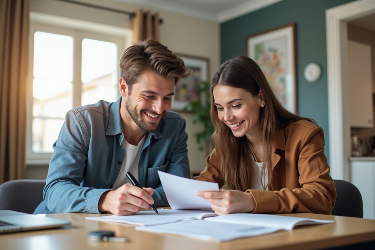Jeune couple français examinant un contrat de location dans un appartement lumineux