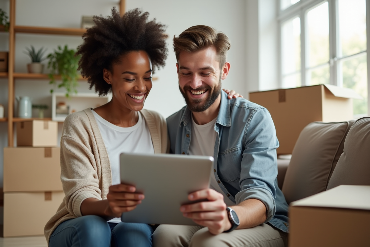 Jeune couple heureux vérifiant leur assurance location