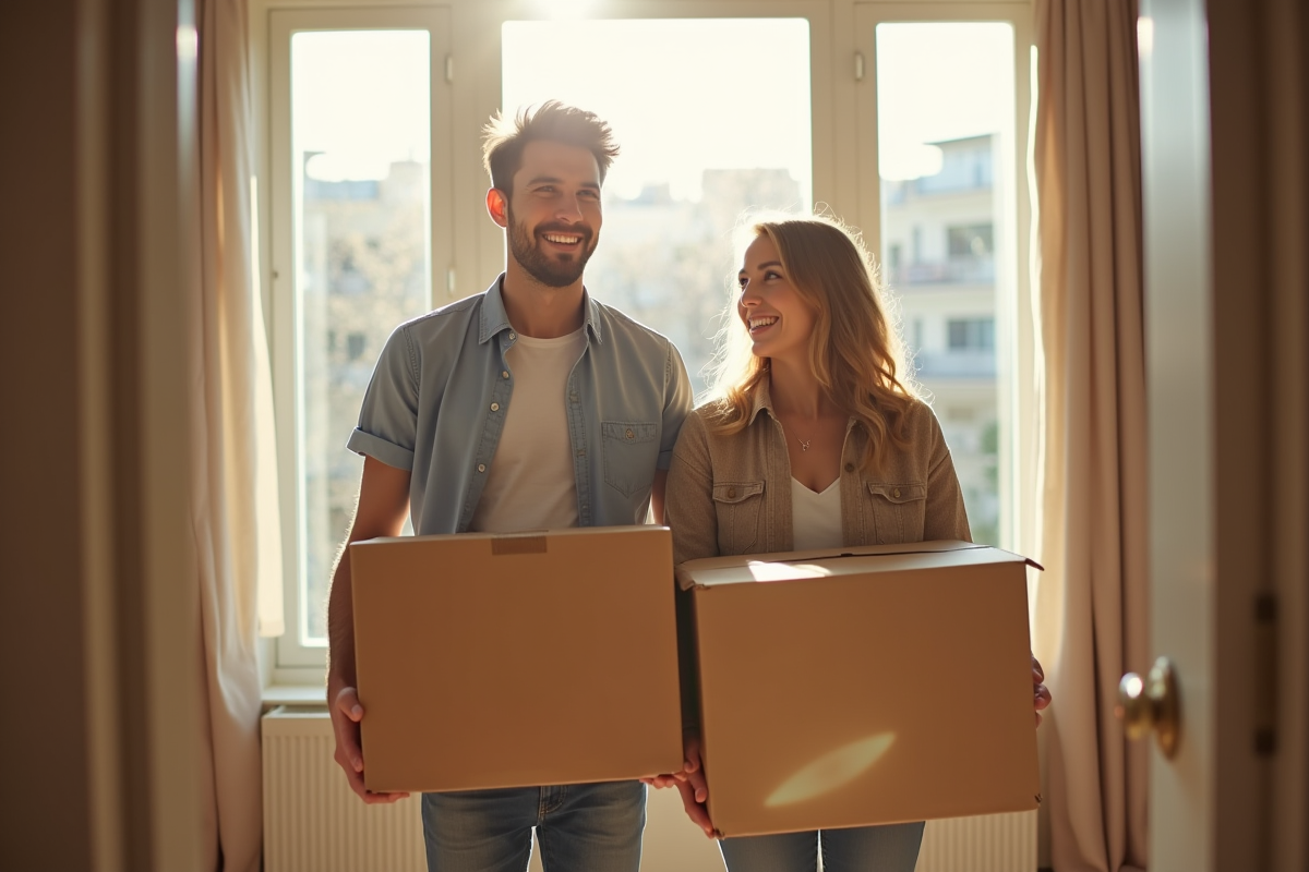 Jeune couple portant des cartons dans un appartement lumineux