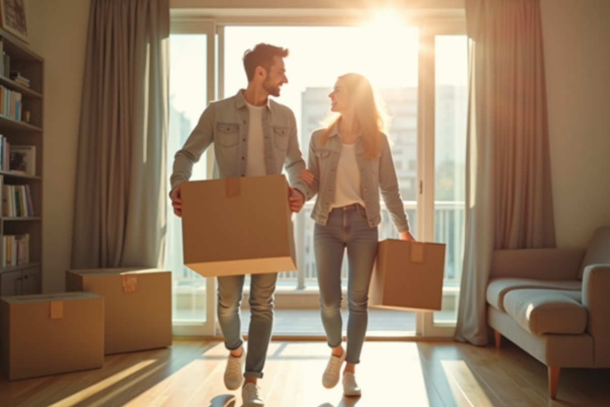 Jeune couple heureux sortant d'un appartement lumineux
