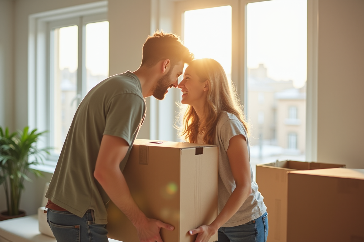 Jeune couple souriant dans un appartement lumineux en ville