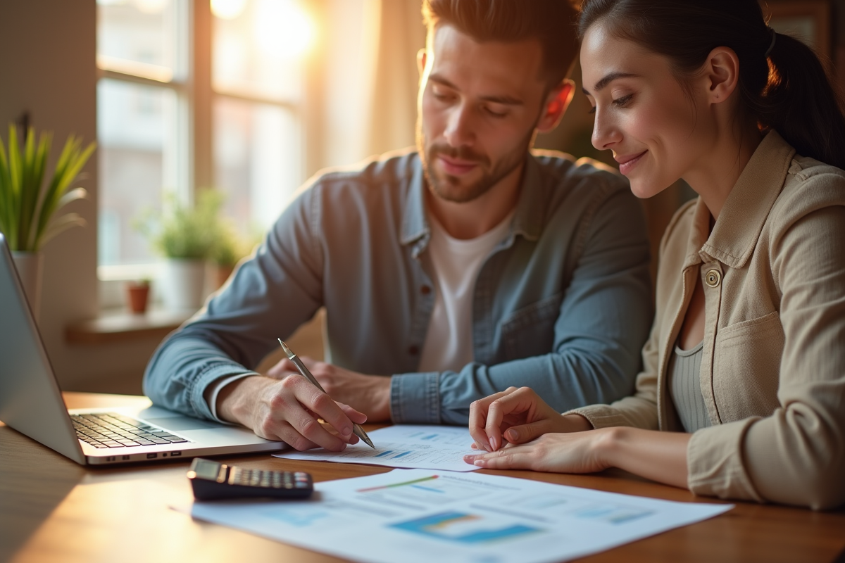 Jeune couple étudiant des documents financiers à la cuisine