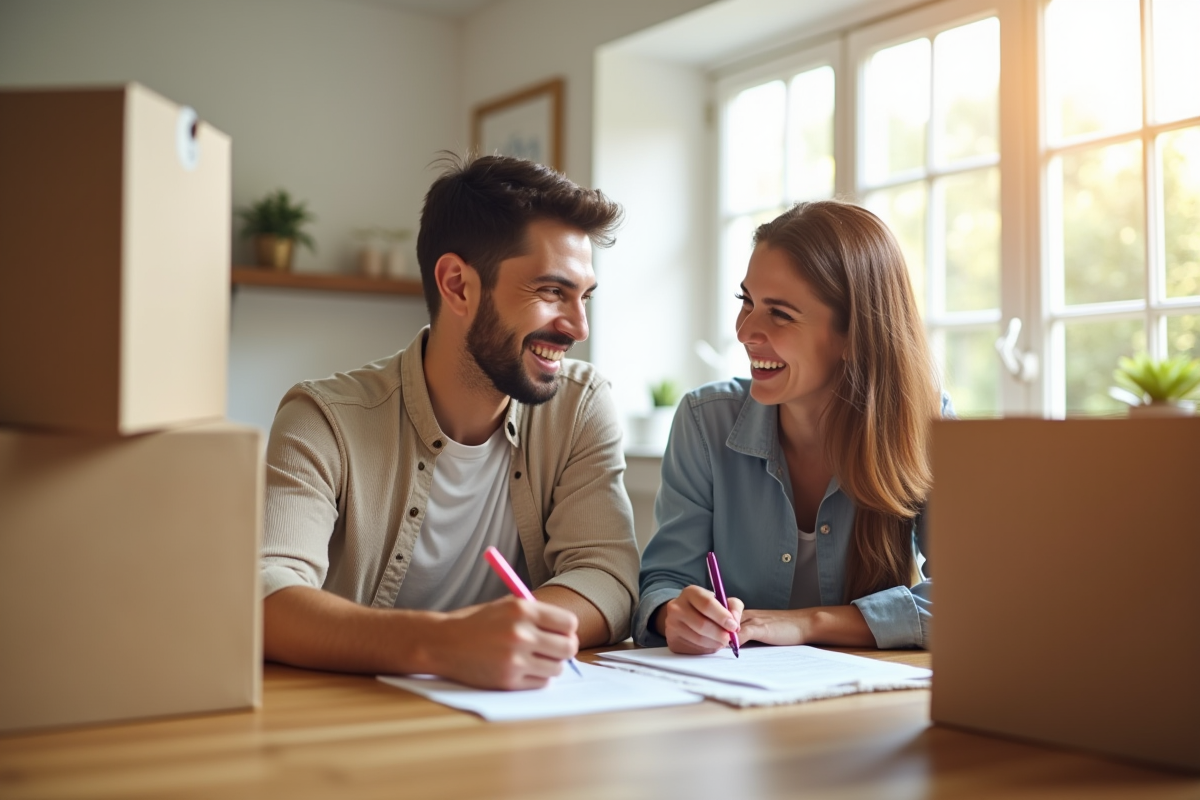 Jeune couple souriant signant documents de déménagement dans la cuisine