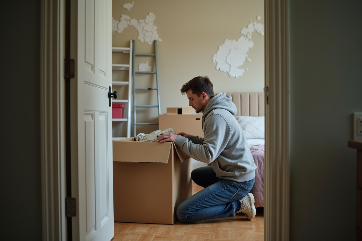 Jeune homme emballant ses affaires dans une chambre en transition