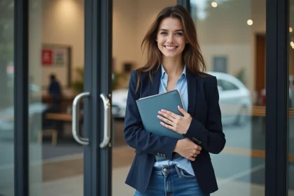 Jeune femme souriante dans une agence immobiliere moderne