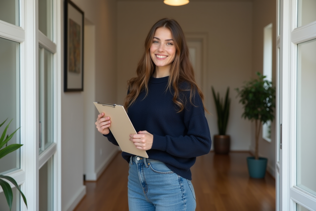 Jeune femme souriante dans un appartement moderne