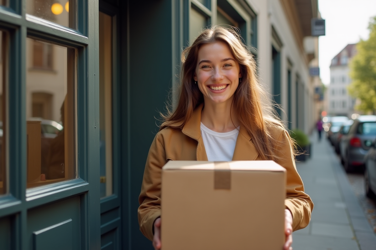 Jeune femme souriante avec un carton devant une porte