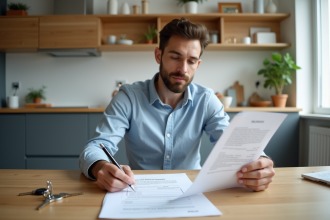Jeune homme signant des papiers de location dans une cuisine lumineuse