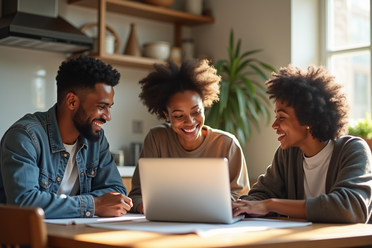 Trois jeunes adultes discutant autour d'une table de cuisine