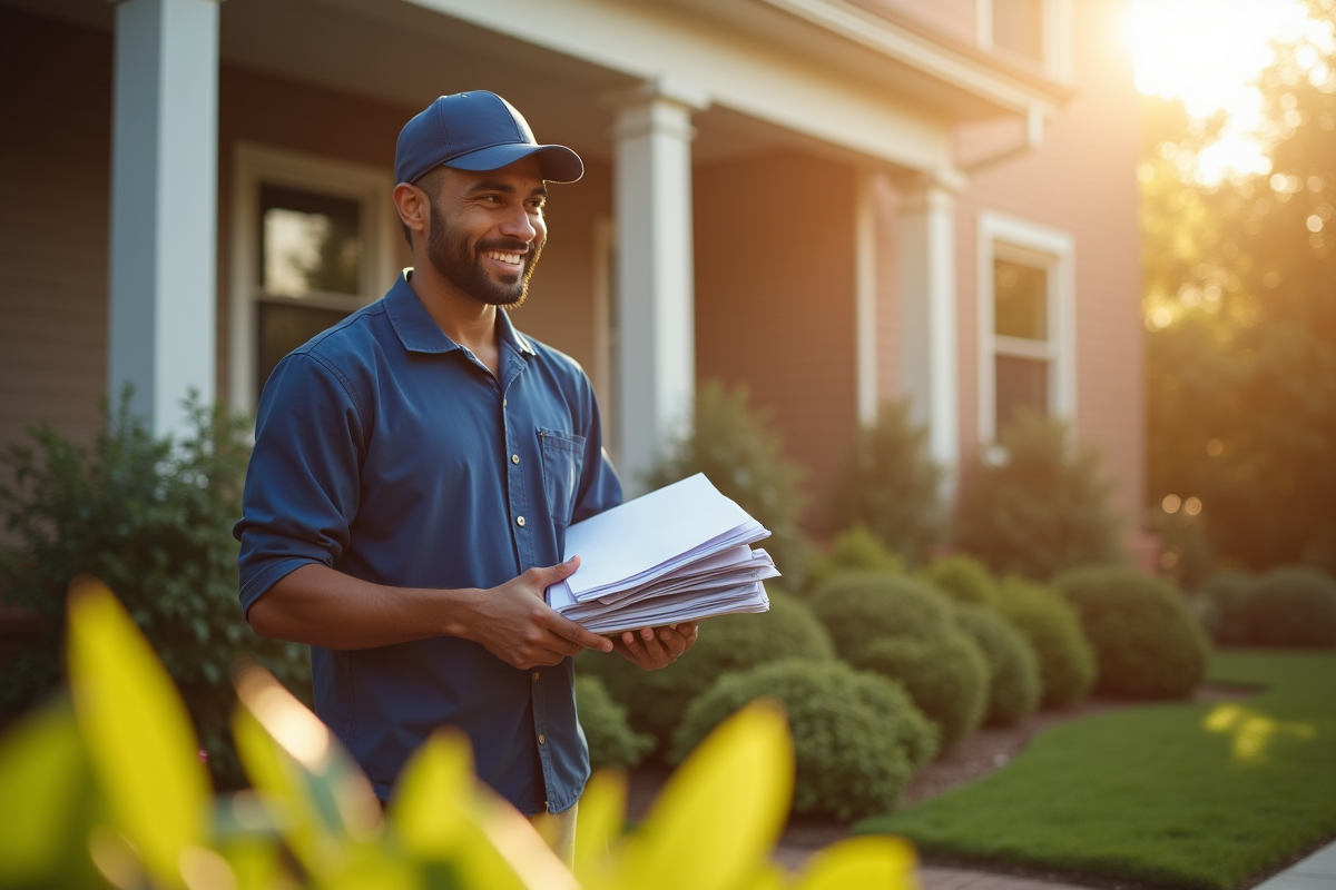 Livreur en uniforme livrant du courrier devant une maison ensoleillee