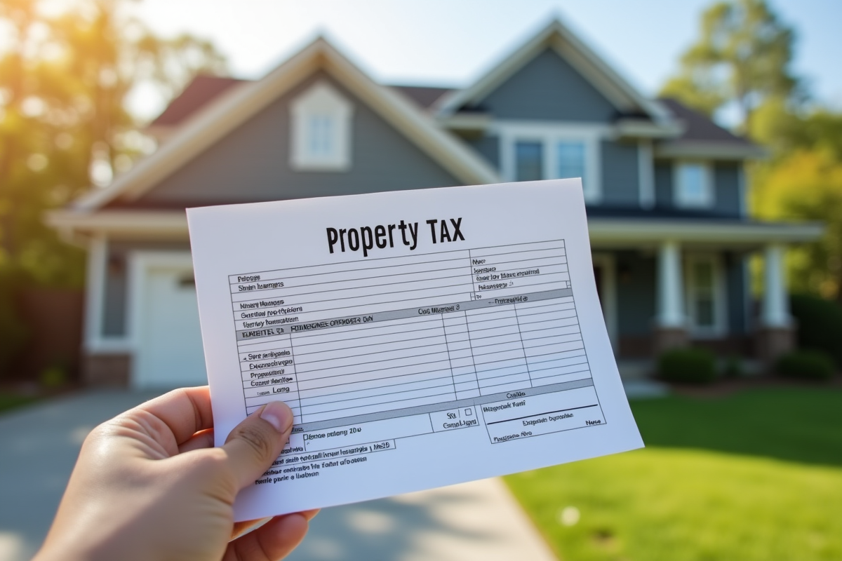 Main tenant un avis d impots devant une maison de banlieue