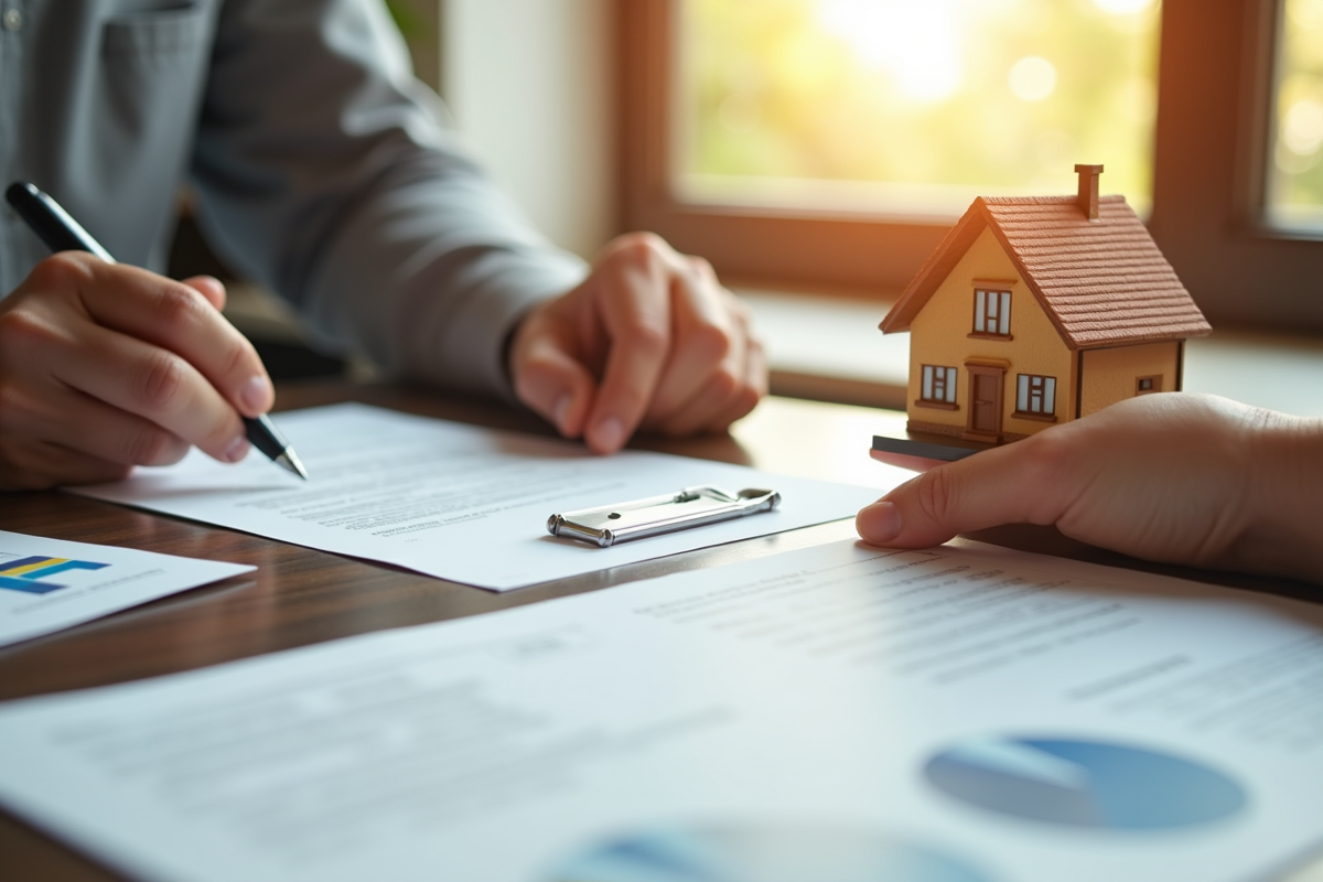 Mains tenant contrat de prêt immobilier avec maquette de maison