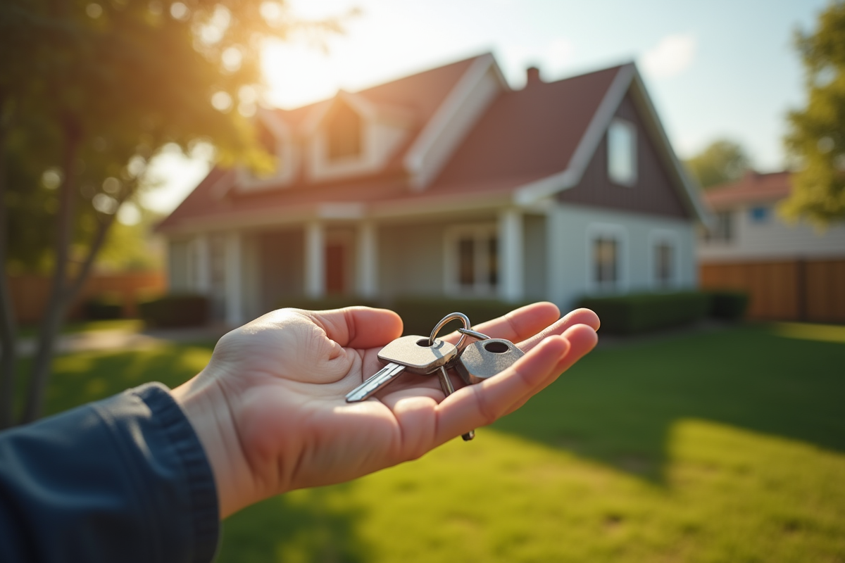 Main tenant des clés devant une maison rénovée au jardin