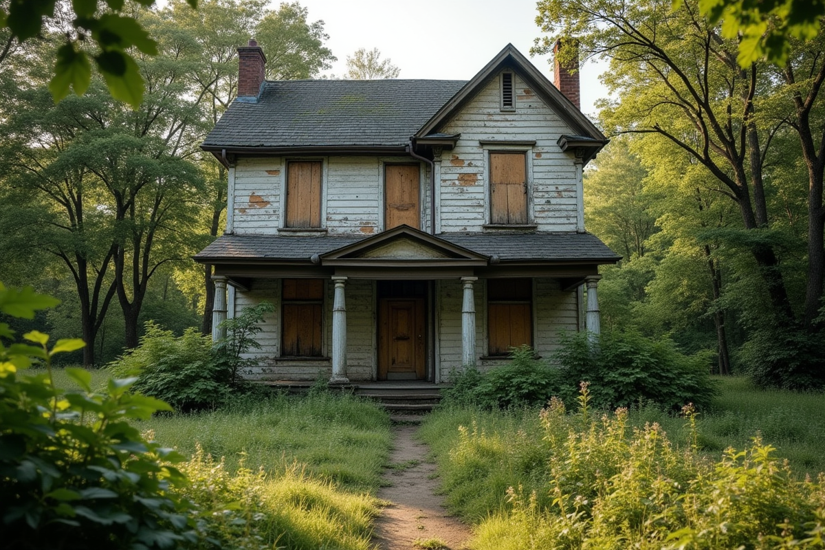 Maison abandonnée avec fenêtres barricadées et jardin envahi