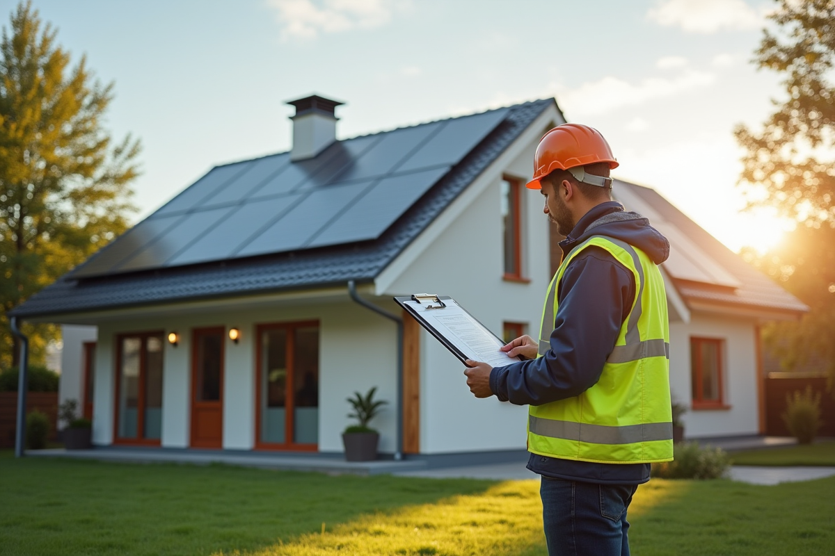 Maison écologique avec panneaux solaires inspectée par un professionnel