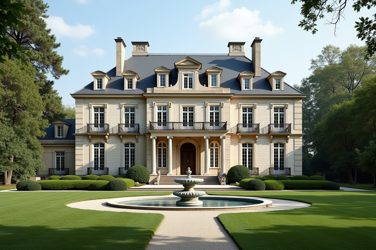 Manoir européen en pierre avec balcons et fontaine devant