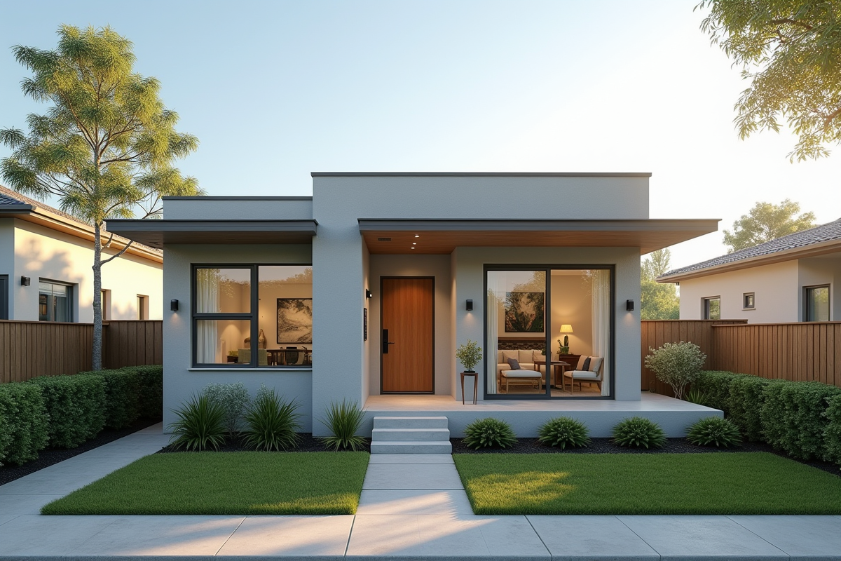 Maison moderne compacte avec grandes fenêtres et lignes épurées