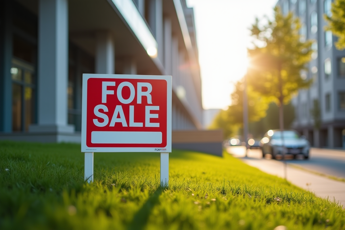 Panneau a vendre devant un immeuble moderne au matin