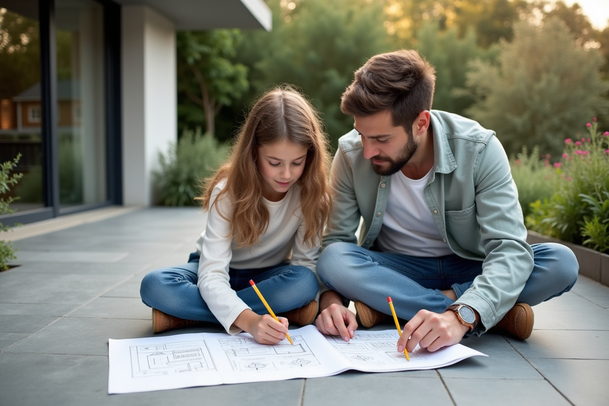 Père et fille dessinant ensemble sur une terrasse en pierre