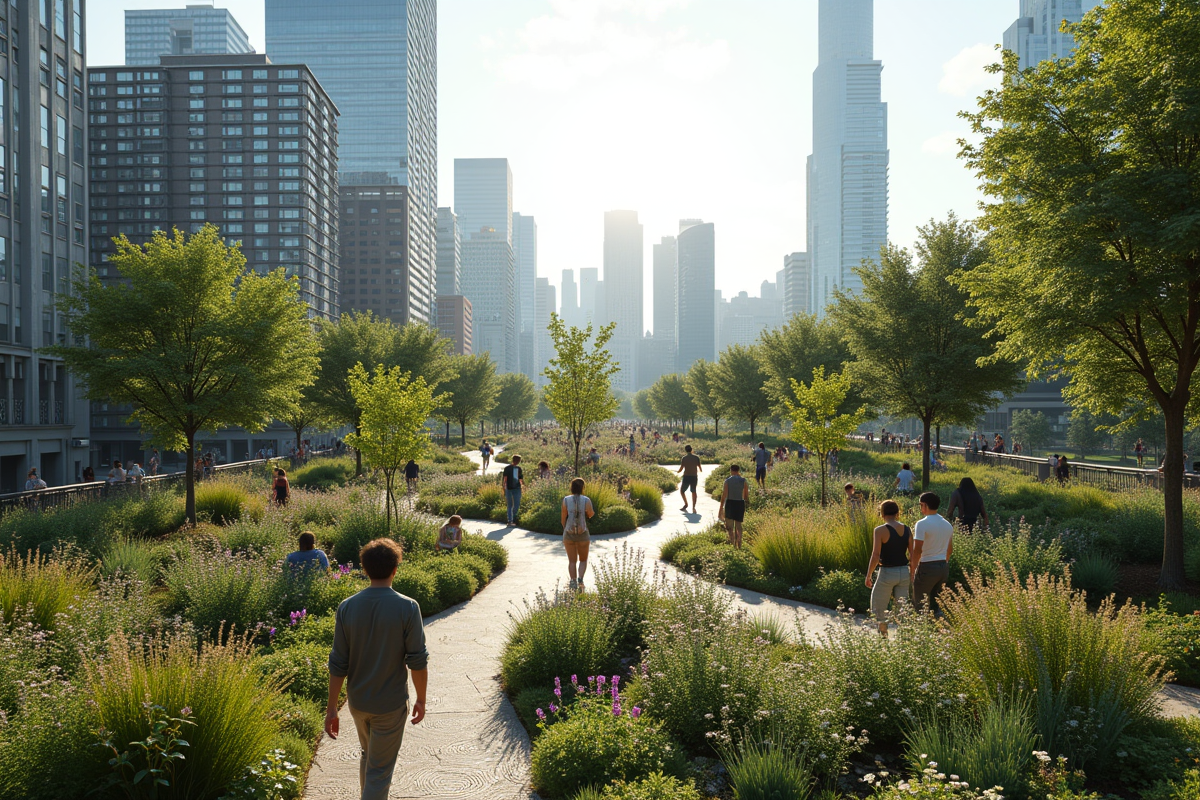 Parc urbain sur un bâtiment avec jardins communautaires
