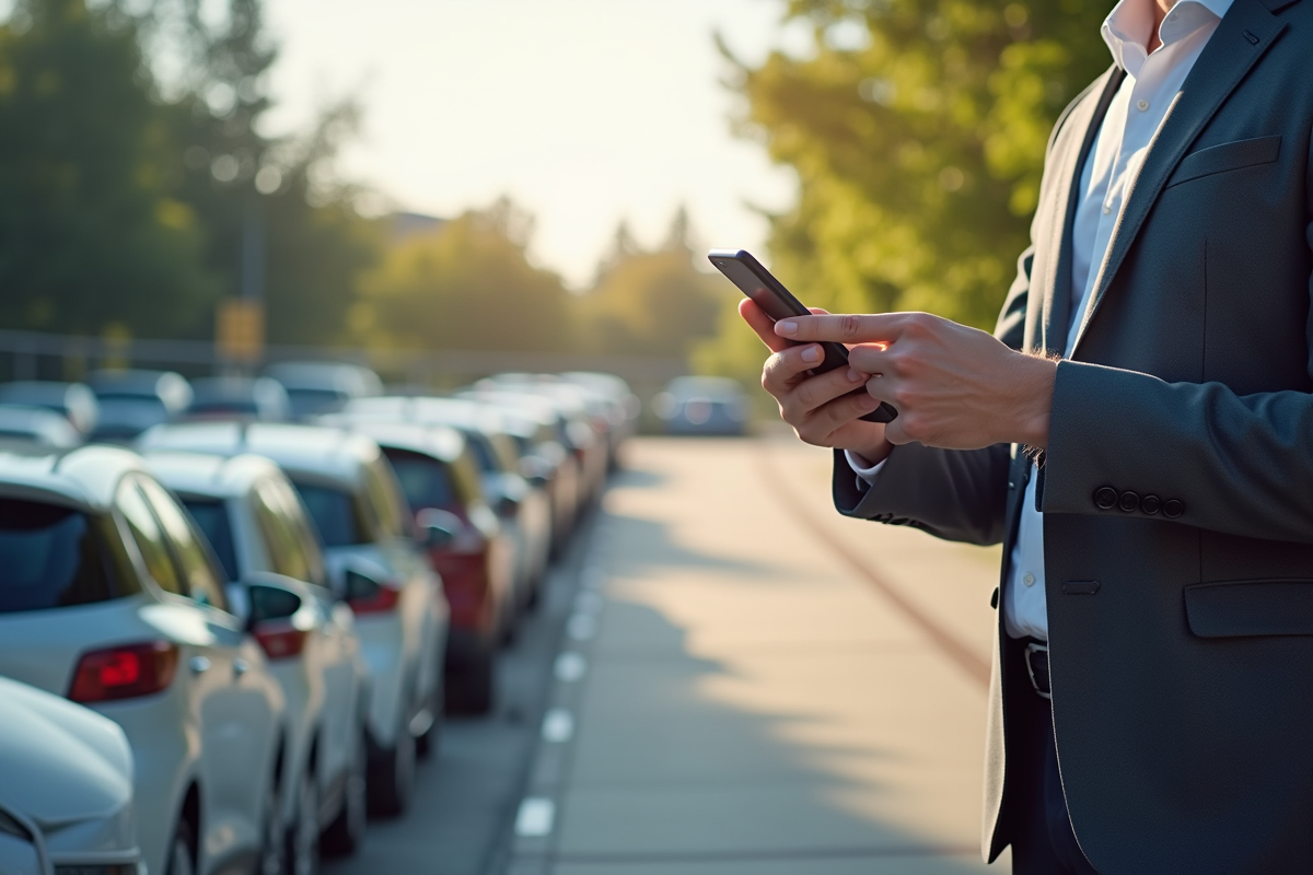 Parking extérieur moderne en plein jour ensoleillé avec paiement mobile