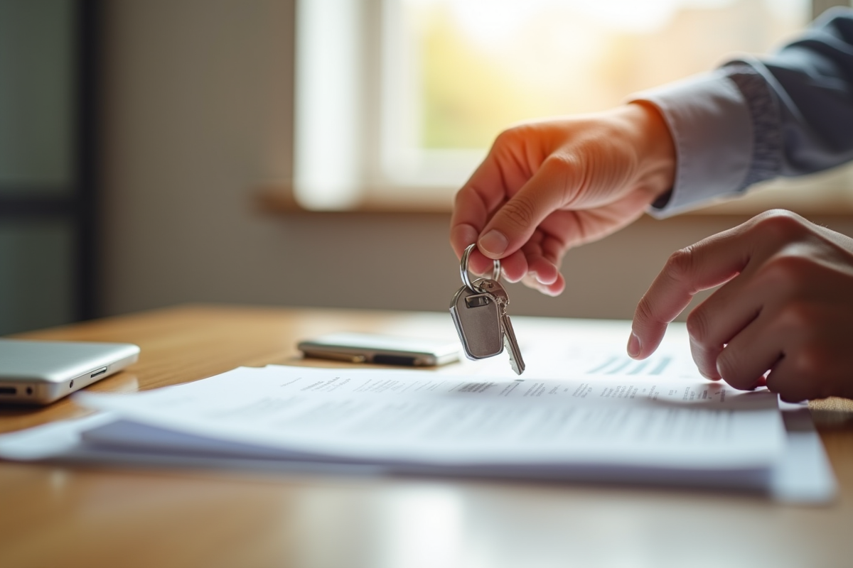 Mains échangeant une clé de maison et des papiers sur une table lumineuse