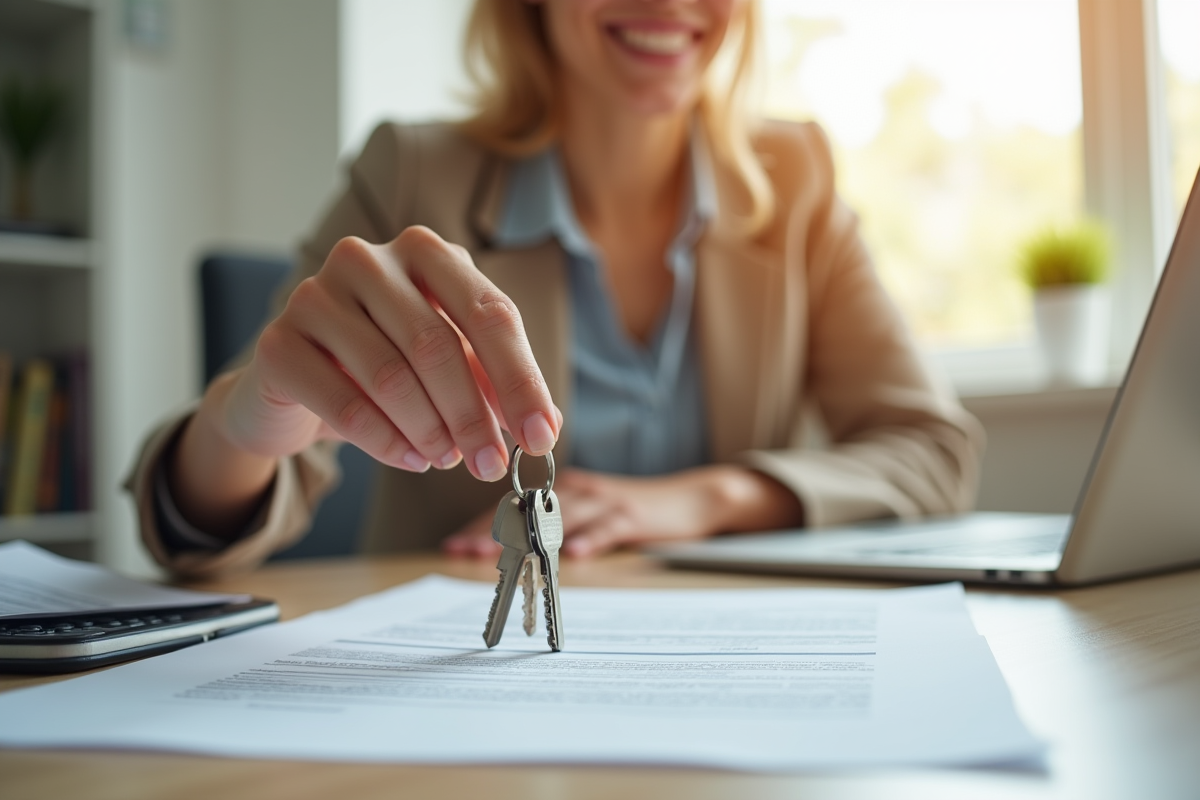 Personne souriante tenant des clés de location au bureau
