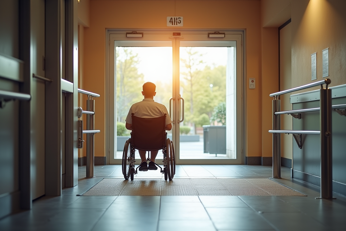 Personne en fauteuil entrant dans un bâtiment moderne avec rampe accessible