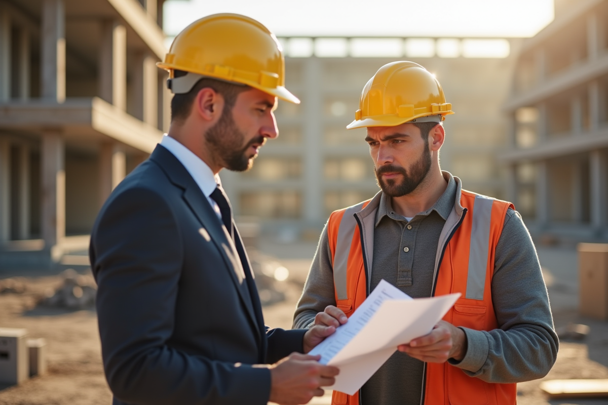 Professionnel et ouvrier discutant de documents sur un chantier ensoleille