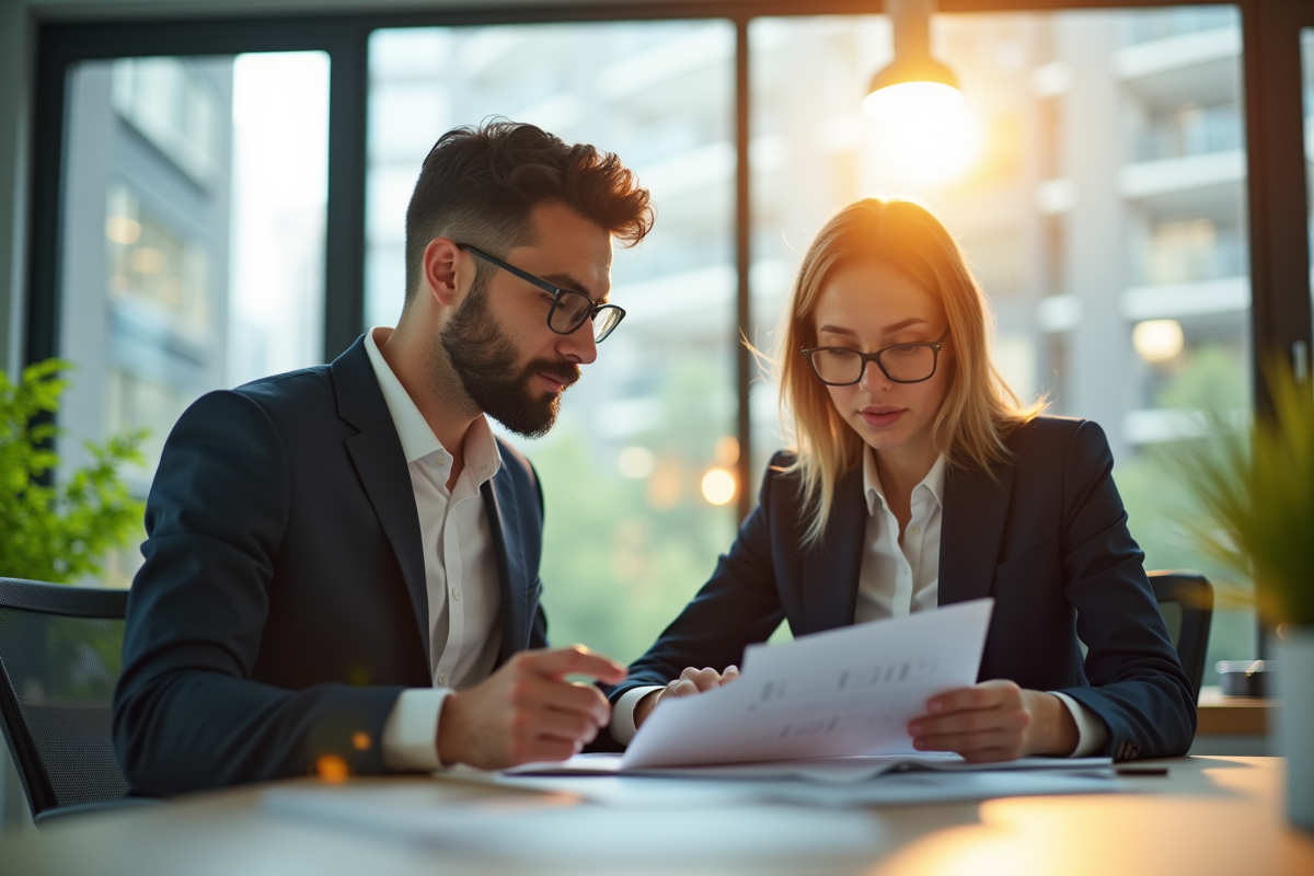 Deux professionnels en finance dans un bureau lumineux