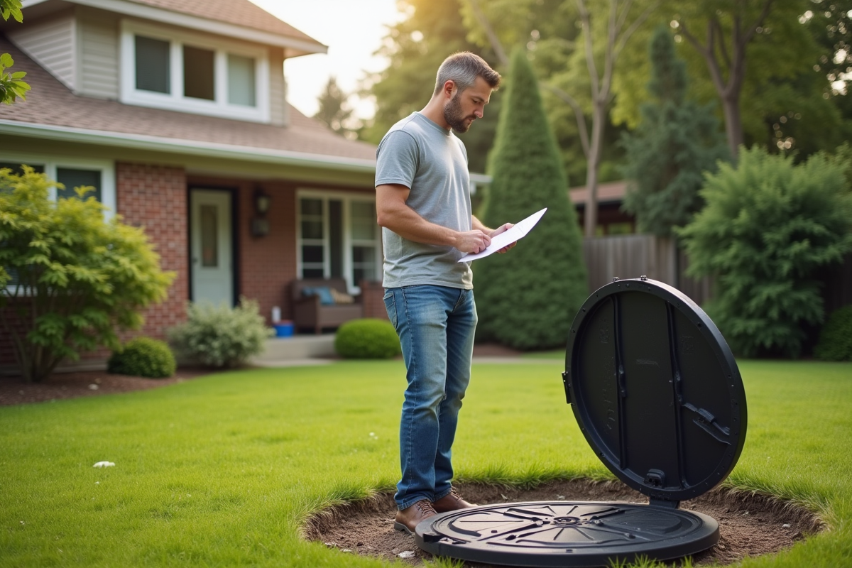 Proprietaire inquiet devant un fosse septique ouverte en jardin