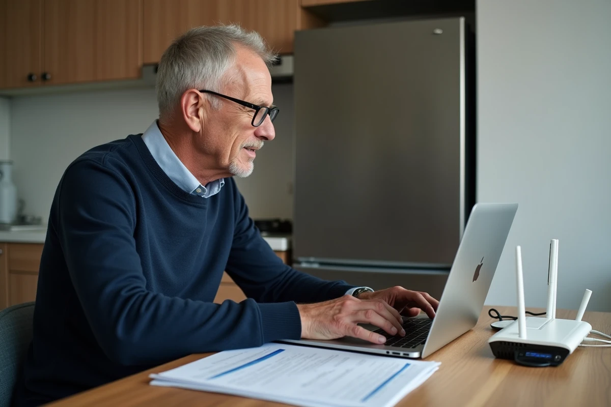 Propriétaire âgé tapant sur un ordinateur dans une cuisine minimaliste