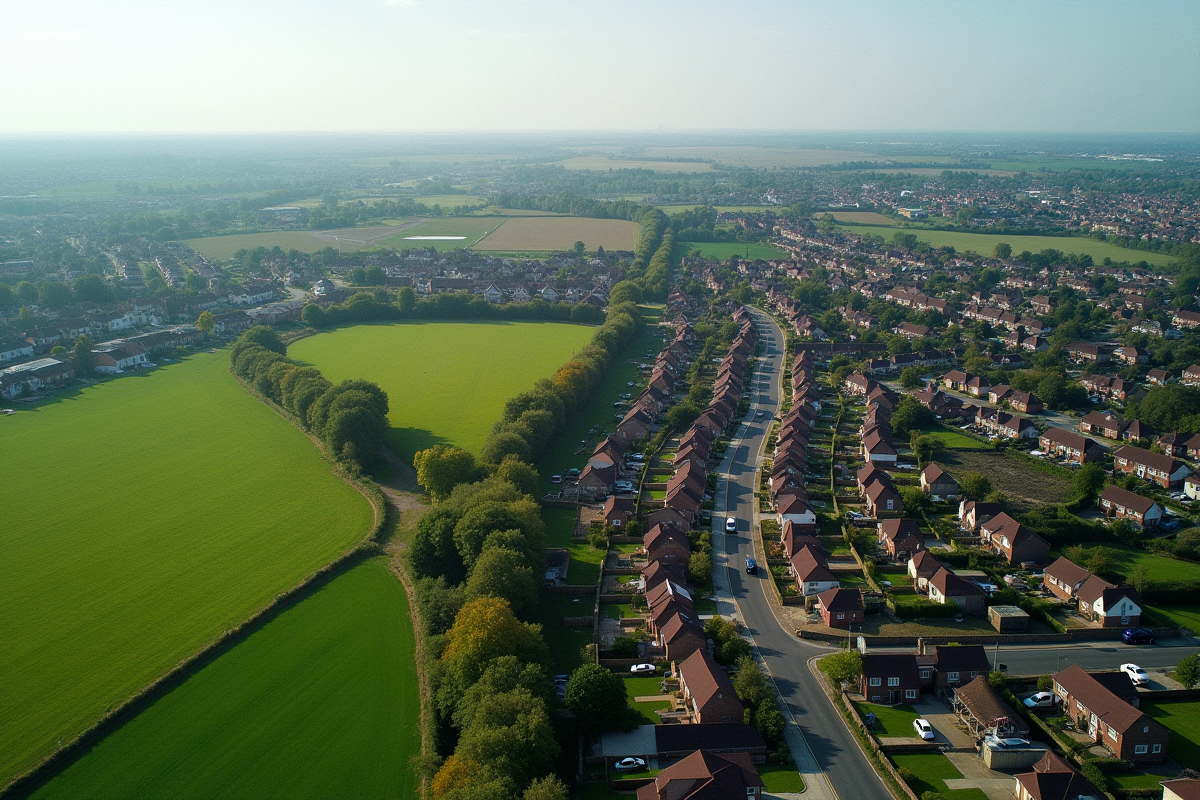 Quartier suburbain en expansion avec nature environnante