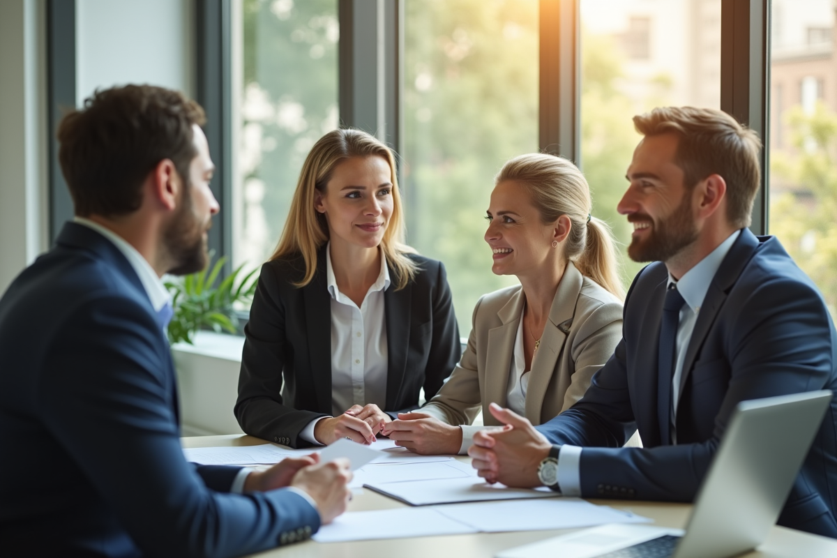 Couple élégant rencontrant un conseiller financier dans un bureau lumineux