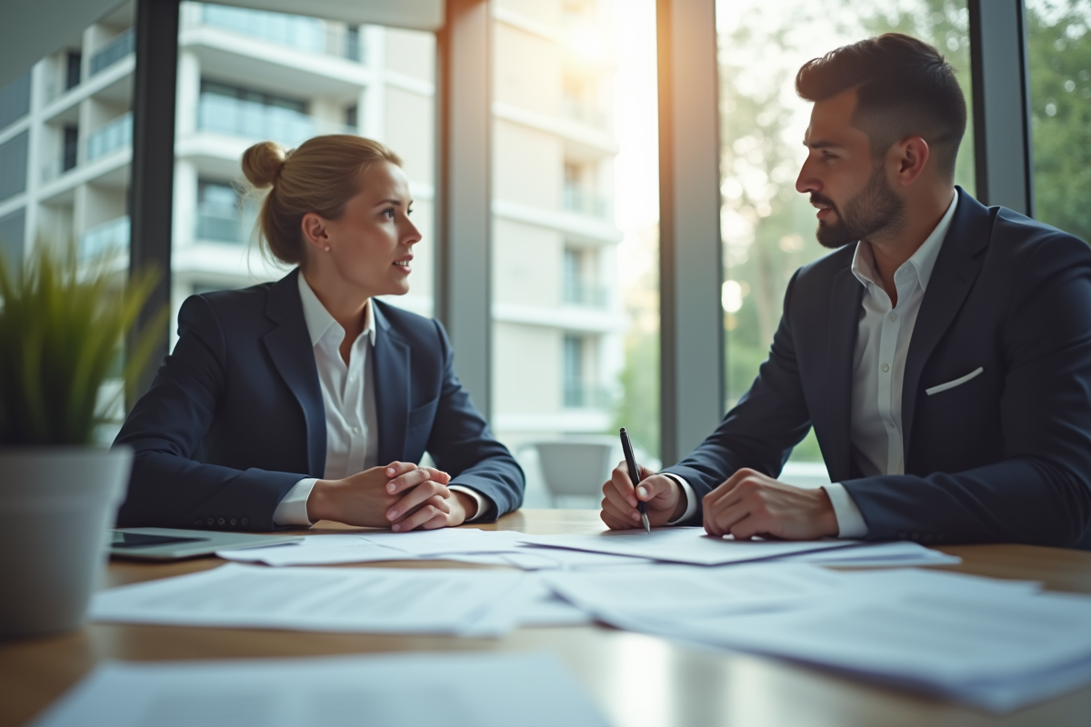 Rencontre entre locataire et gestionnaire immobilier dans un bureau lumineux