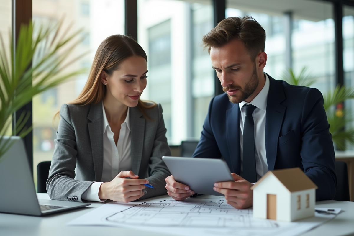 Femme et homme d'affaires discutant documents et tablette dans un bureau lumineux