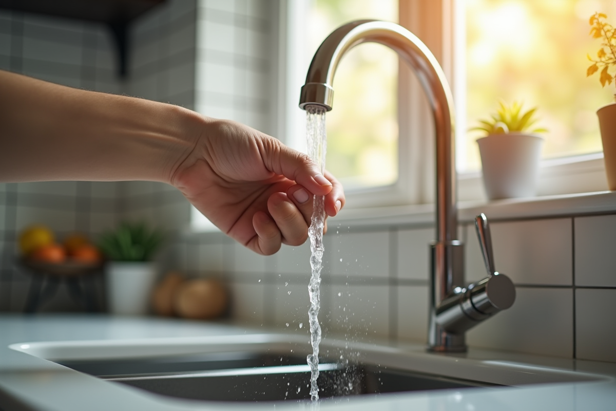 Main fermant un robinet de cuisine avec lumière naturelle