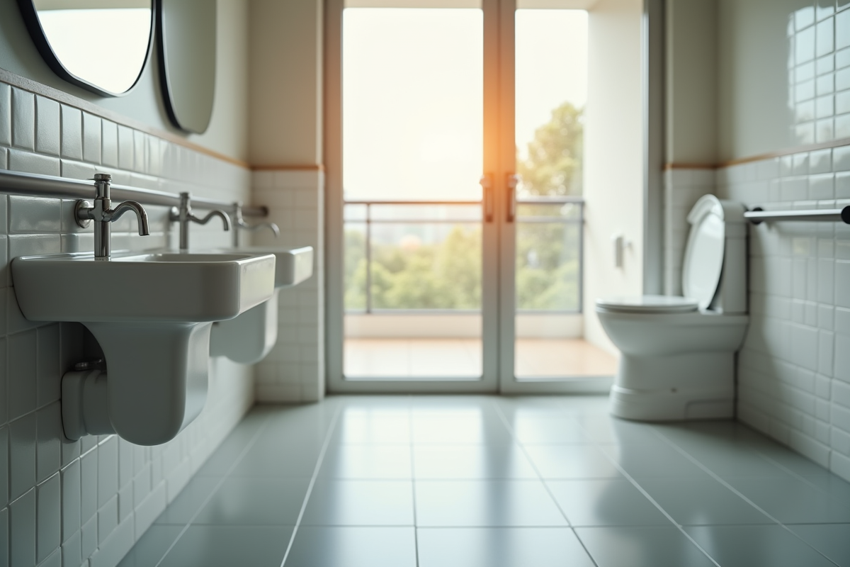 Salle de bain accessible avec barres et lavabo abaissé en lumière naturelle