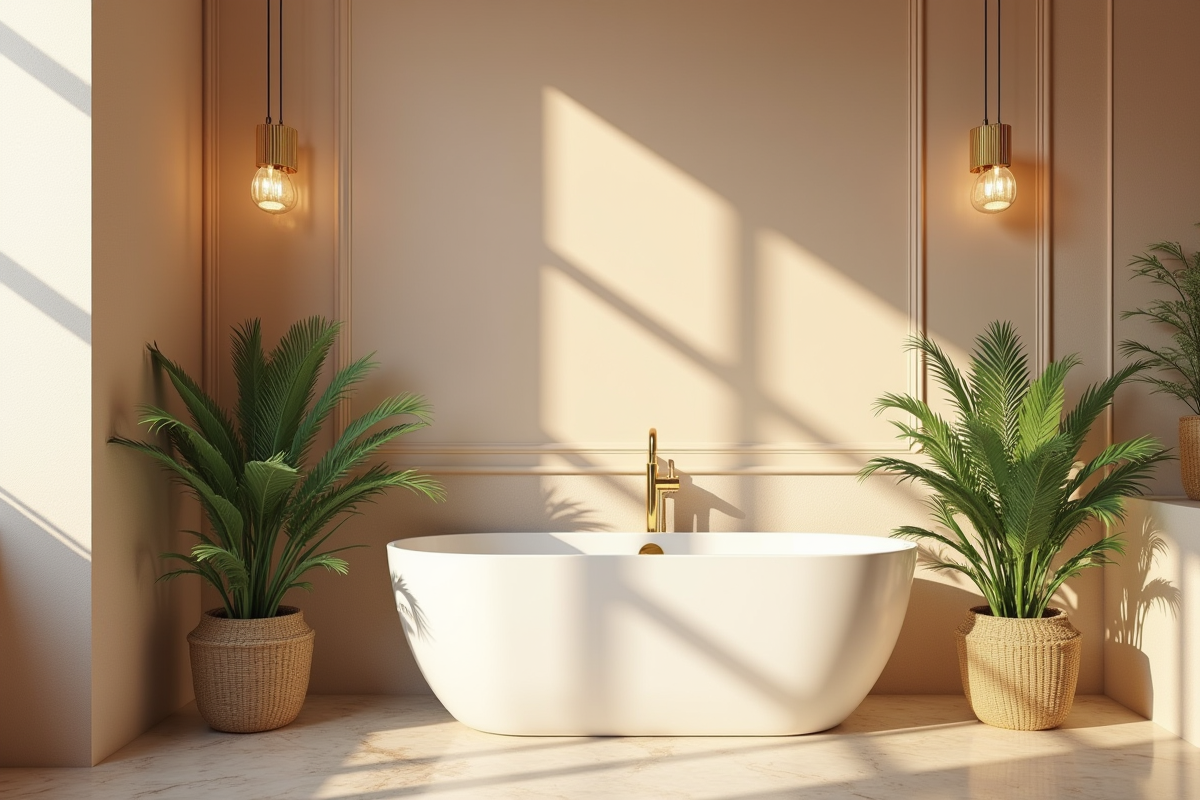 Salle de bain luxueuse avec baignoire et accents dorés
