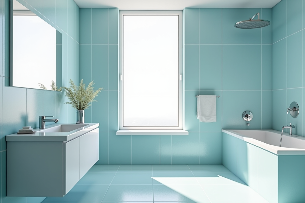 Salle de bain moderne avec lumière naturelle et carrelage bleu et blanc