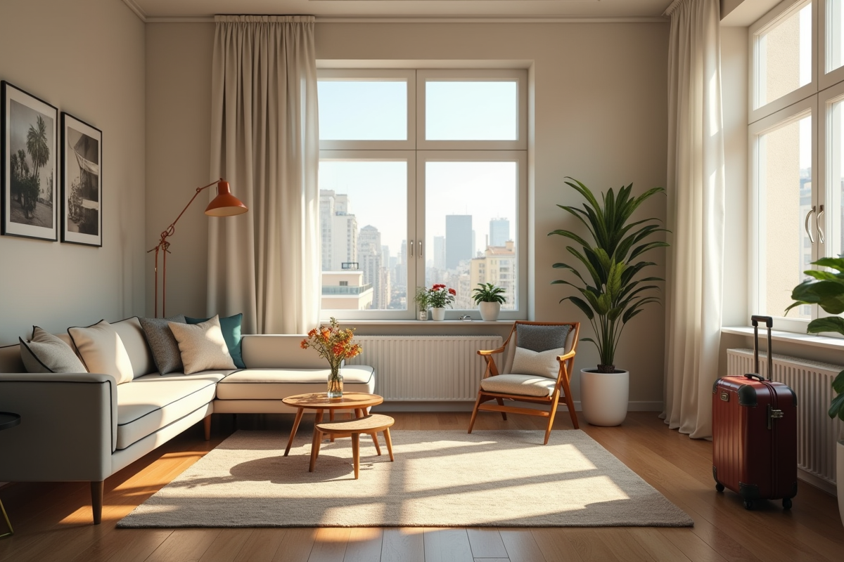 Salon lumineux en appartement en ville avec fleurs et valise