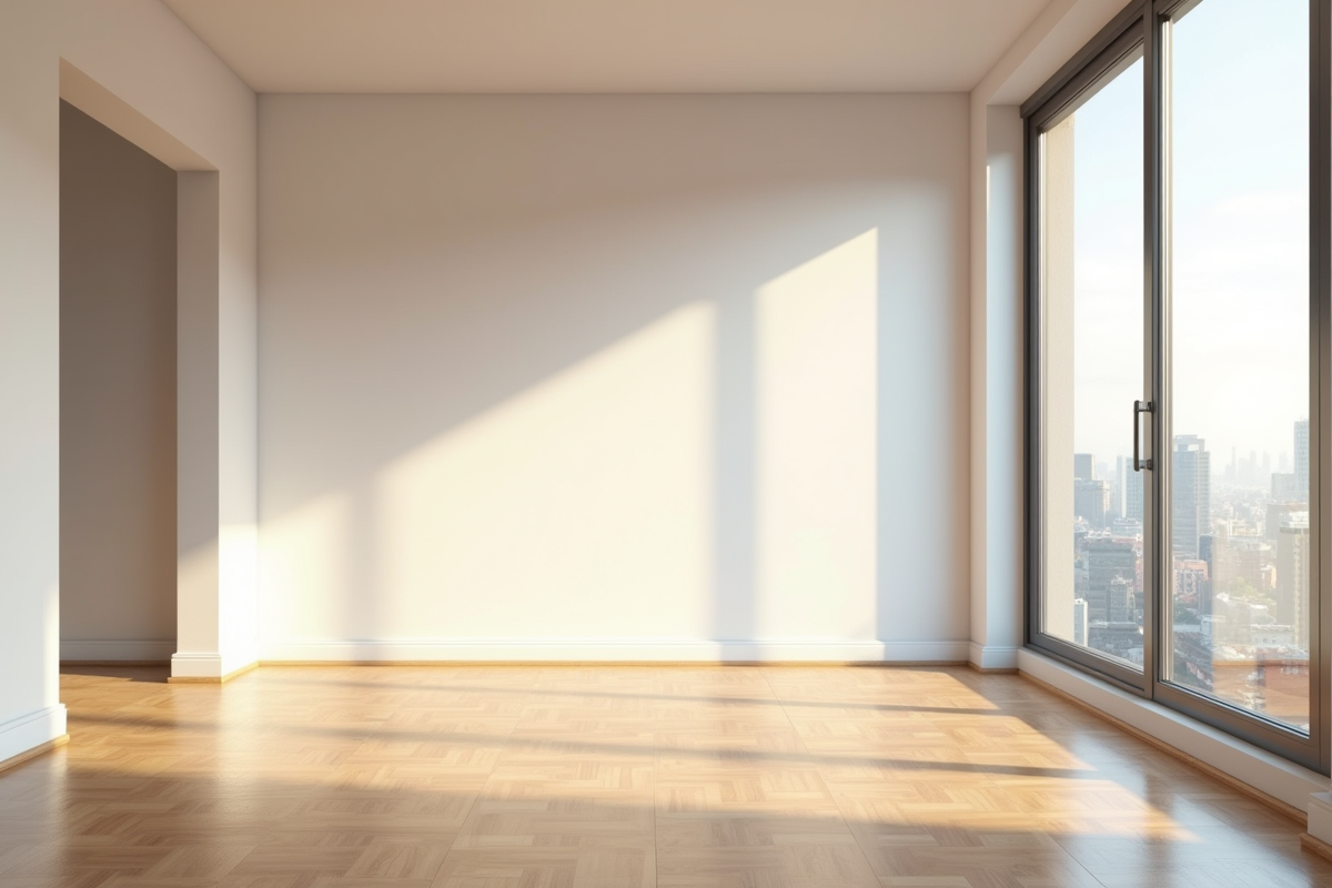 Salon vide avec grandes fenêtres et vue sur la ville en lumière naturelle