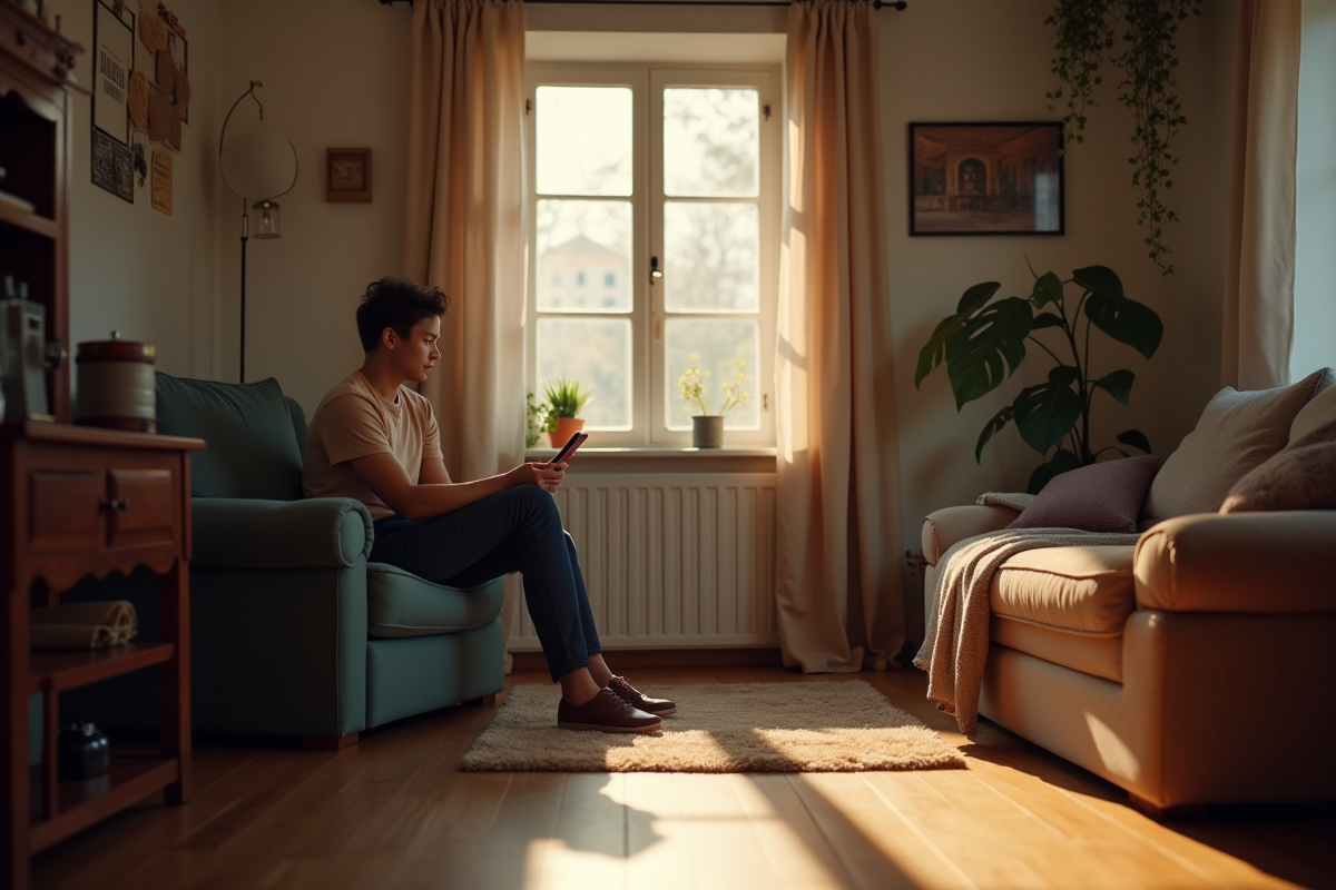 Salon chaleureux avec locataire lisant un compteur d