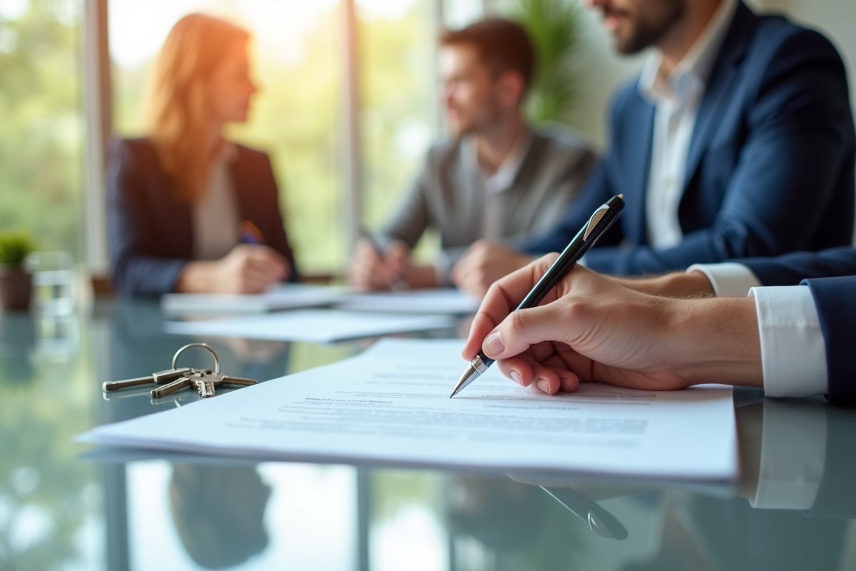 Couple et agent immobilier signant un contrat immobilier