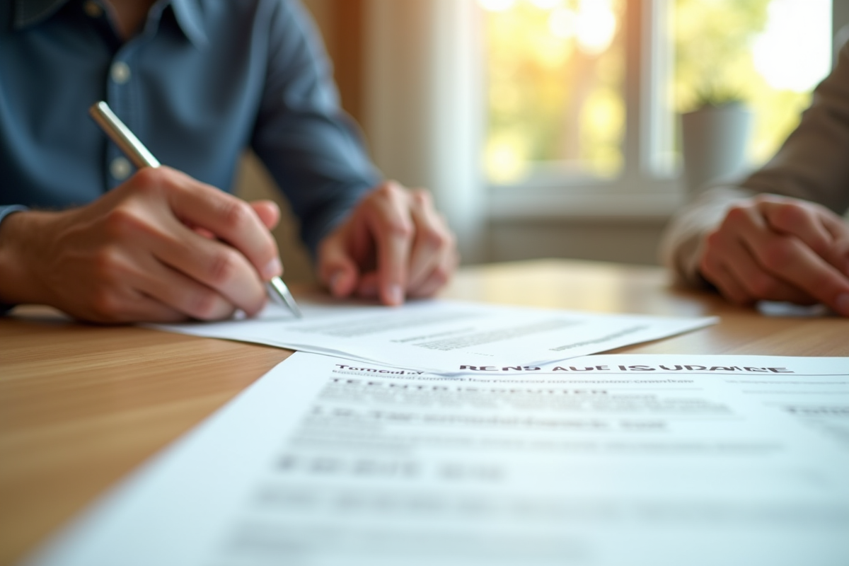 Locataire signant un contrat d'assurance logement à une table en bois