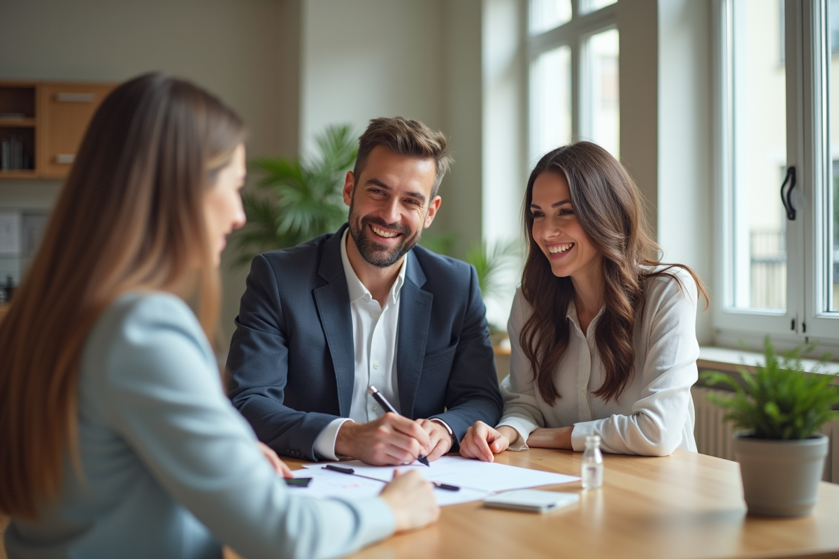 Couple signant des documents avec un agent immobilier dans un appartement lumineux
