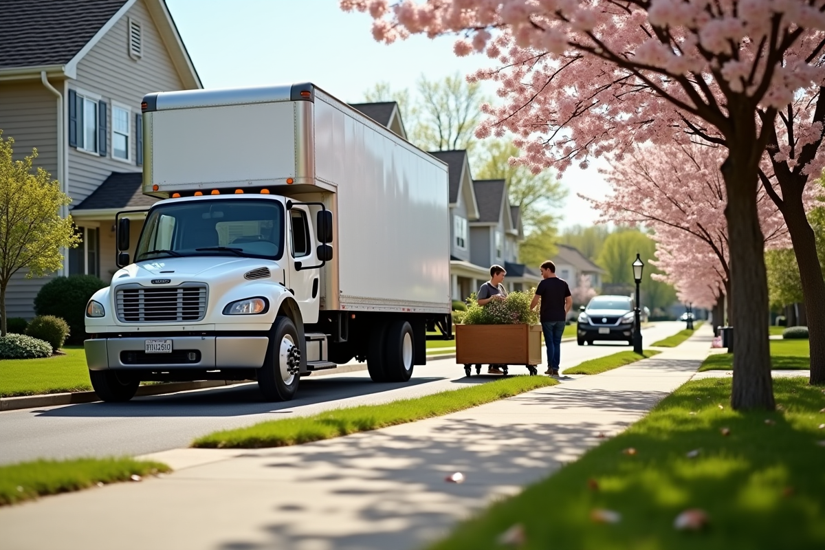 Voiture de déménagement devant une maison en printemps avec arbres en fleurs