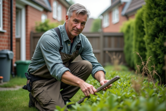 Homme d'âge moyen taillant des haies dans un jardin résidentiel
