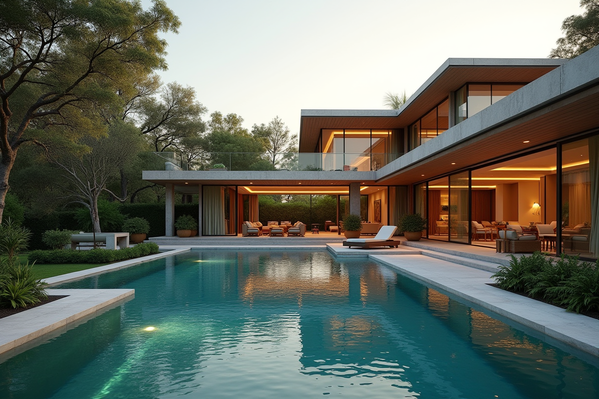 Villa contemporaine avec piscine à débordement et grandes fenêtres